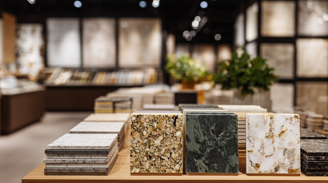 Neatly stacked countertop samples in a showroom, natural and engineered stone varieties, soft light reflecting off polished surfaces, close-up detail emphasized