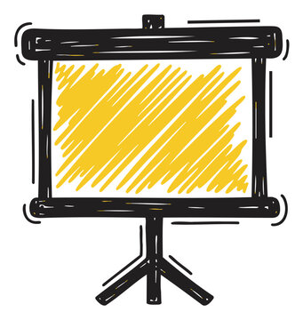 Hand-drawn sketch of a blank flip chart on a tripod stand with a yellow scribble in the center, icon for presentation and business concepts.