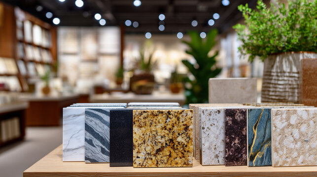Neatly stacked countertop samples in a showroom, natural and engineered stone varieties, soft light reflecting off polished surfaces, close-up detail emphasized