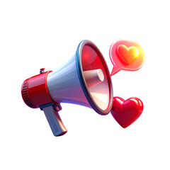 3D Megaphone with Floating Chat Bubble, Heart, and Arrow Icons, Isolated on Transparent Background