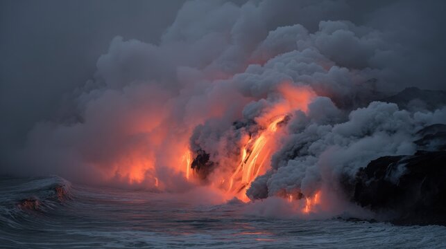 Molten lava meeting ocean waves, steam rising dramatically, nature s power and balance, cinematic view