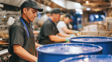 Busy commercial kitchen with staff handling used oil from fryers, clear recycling barrels in the foreground, ambient lighting highlighting organized workflow