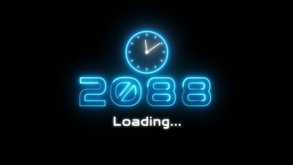 Neon light new year text illustration. Neon year's with clock symbol.