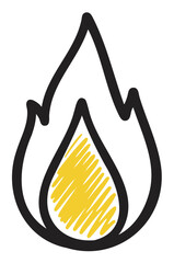 Black outline icon of a stylized flame with a yellow scribble texture inside, representing fire or heat concepts.