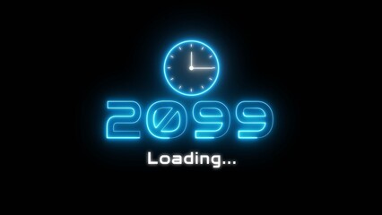 Neon light new year text illustration. Neon year's with clock symbol.