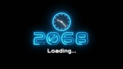 Neon light new year text illustration. Neon year's with clock symbol.