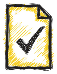 Hand-drawn sketch of a paper page with a large check mark, outlined in black and filled with yellow shading.