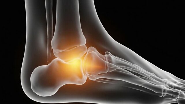 Radiographic view of foot bones with highlighted area showing pain and inflammation anatomy study