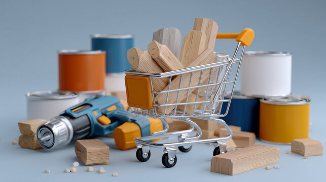 Perspective view of a virtual shopping cart with construction products like paint cans, wooden planks, and drills, on a clean modern e-commerce dashboard