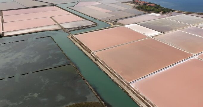 Aerial view of the Trapani salt pans, Sicily, Italy. Panorama of salt evaporation pools. 