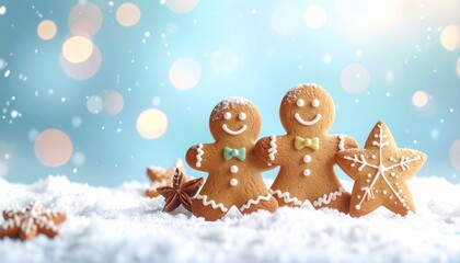 Fototapeta premium Cute Gingerbread Man and Woman Cookies in Snow with Bokeh Lights. Festive Christmas Baking and Holiday Season Concept