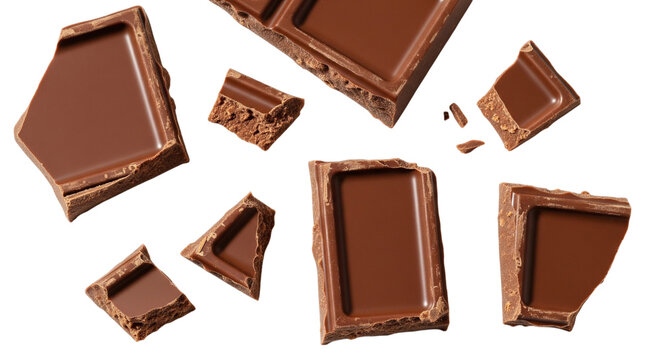 Chocolate pieces isolated on transparent background, top view of sweet dessert chunks