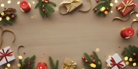 Cozy Christmas holiday flat lay with festive gifts, pine branches, glowing red candles, golden ribbons, sparkling bokeh lights on a brown background, ideal for seasonal greetings, product display, 