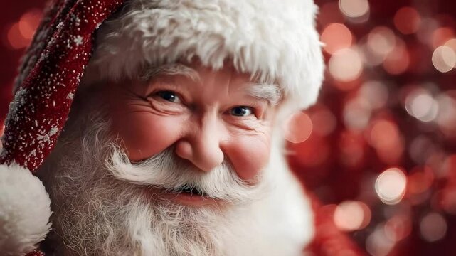 A jolly Santa Claus with a fluffy white beard and red hat, smiling against a festive red bokeh background.