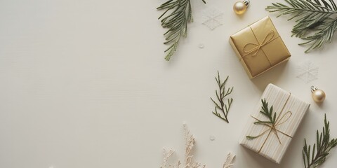 Elegant Christmas flat lay with golden gifts, evergreen branches, holiday decorations, cozy winter aesthetic, festive background, happy new year, product display, warm, minimalist scene