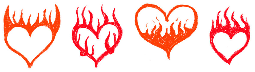 Heart In Flames Crayon Chalk Drawing Doodle Vector Set