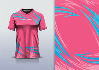 T-shirt mockup with abstract curve lines sport jersey design for football, soccer, racing, esports, running, in blue pink color