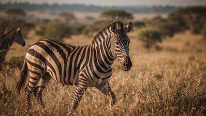 Naklejka premium Untamed zebra roaming in the wild grassy plains. Nature and wildlife, animal and mammal,The concept of freedom and wilderness.
