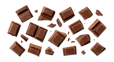 Scattered chocolate pieces isolated on transparent background, sweet and delicious