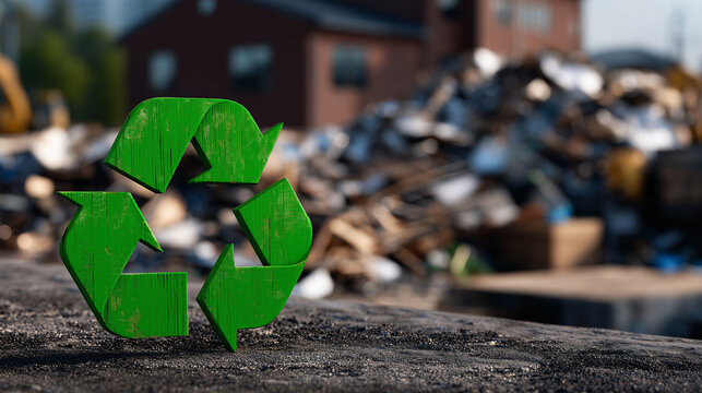 Recycling symbol in vivid green placed against brick wall with piles of construction waste around, debris detailed, soft natural lighting enhancing environmental message