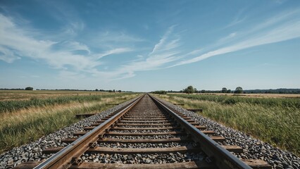 Fototapeta premium Railroad train tracks extending into the distance across a rural landscape under a partly cloudy sky