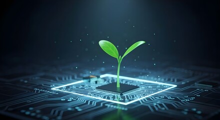 Environment and Technology Concept – Green Seedling Growing from Digital Microchip Circuit.