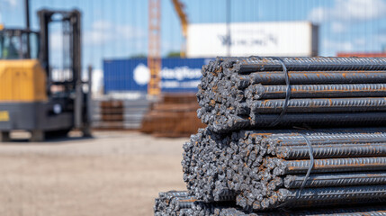 Perspective view of steel reinforcement bars bundled on construction site, textures and patterns on rods sharply captured, sunlight reflecting off metal