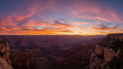 Naklejka premium Panoramic view of Grand Canyon during sunset, background, sky, travel, nature, landscape, blue, orange, red, park