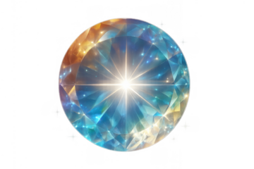 Gemstone sphere sparkling with vibrant light, reflecting cosmic colors and starry elements, transparent background