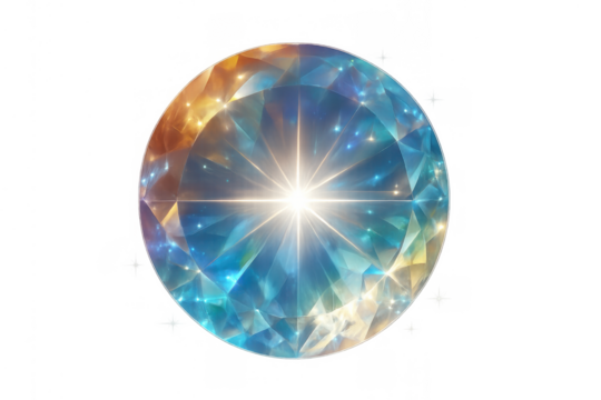 Gemstone sphere sparkling with vibrant light, reflecting cosmic colors and starry elements, transparent background