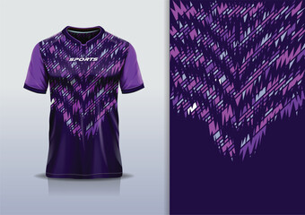 T-shirt mockup with abstract flash lines sport jersey design for football, soccer, racing, esports, running, in purple color