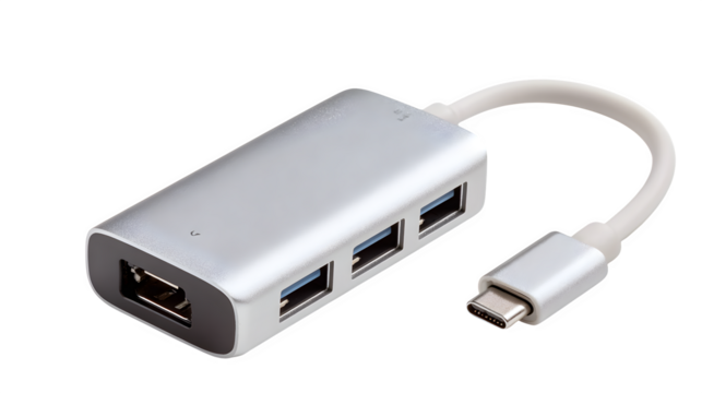 Silver USB-C hub with ports, compact multi-connection design, isolated on white background