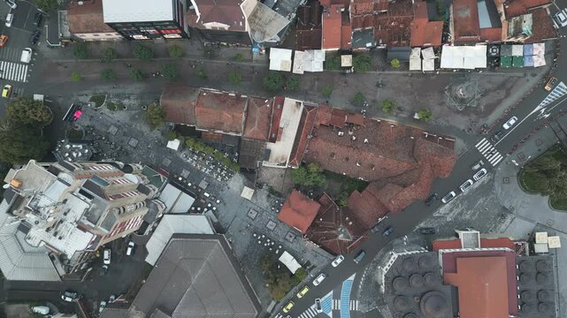 Descending aerial footage of historic center of NOvi Pazar, southern Serbia. Top view.