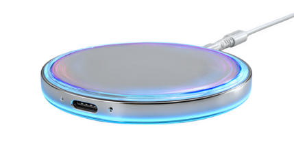Silver smartphone wireless charger, round pad with LED glow, isolated on white background