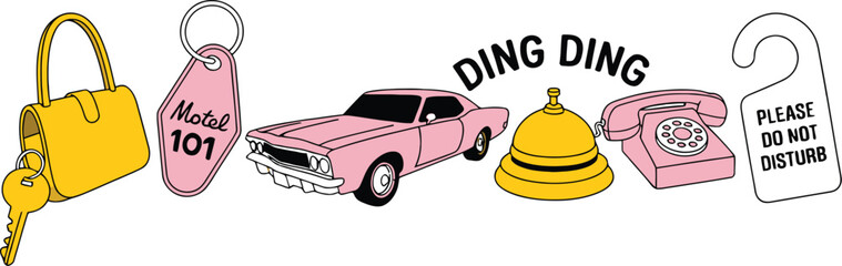 Illustration of motel items including car bell phone and door hanger
