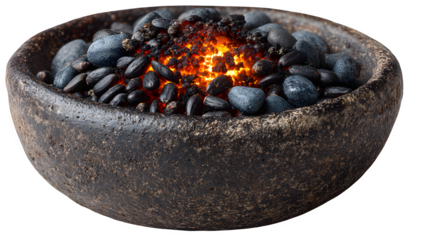 Smoldering seeds in ceramic bowl, glowing ember detail, isolated on white background