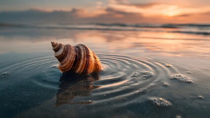 Seashell by the shore at Sunset: A captivating view of a seashell gracefully resting near the water's edge, creating an image of the serene, evoking a sense of calm and tranquility in nature.
