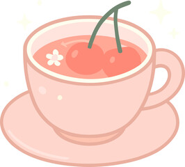 Cute pastel illustration of a steaming peach tea cup on a saucer, drawn in a soft kawaii style with warm pink and peach tones.