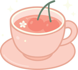 Cute pastel illustration of a steaming peach tea cup on a saucer, drawn in a soft kawaii style with warm pink and peach tones.