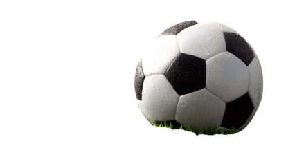 Soccer ball on stadium field second variation, different angle with grass, isolated on white background