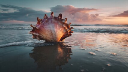 Seashell Sunrise: A captivating seashell rests on a sandy shore, the incoming tide gently caressing its delicate form, reflecting the stunning colors of a dawn sky. 