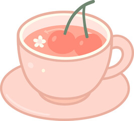 Adorable pastel illustration of a steaming peach tea cup with sparkles, drawn in a kawaii pink aesthetic and soft gradient tones.