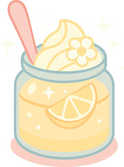  A cute flat illustration of a lemon dessert in a glass jar with whipped cream, flower decoration, and a pink spoon, representing freshness and sweetness.