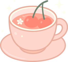 Adorable pastel illustration of a steaming peach tea cup with sparkles, drawn in a kawaii pink aesthetic and soft gradient tones.