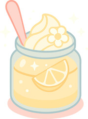   A cute flat illustration of a lemon dessert in a glass jar with whipped cream, flower decoration, and a pink spoon, representing freshness and sweetness.