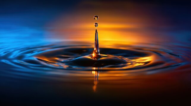 Single drop of water glowing with inner fire as it falls into a blue liquid surface, macro concept, creative energy balance