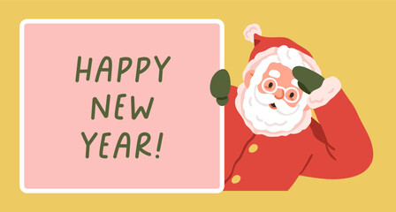 Happy New Year banner with Santa Claus peeking out, peeping and looking from behind greeting frame, card. Christmas and winter seasonal holiday, festive background design. Flat vector illustration.
