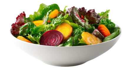 salad bowl filled with leafy greens and orange root vegetables fresh healthy organic meal isolated on white background