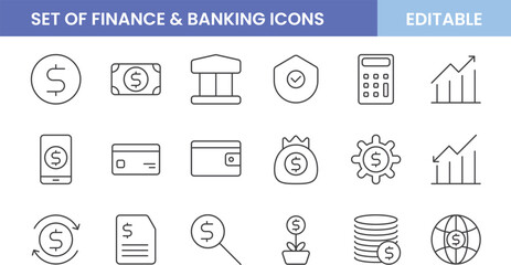 Finance and Banking Icons Set. Money, Investment, and Business Symbols in Modern Line Style, Editable Vector Illustration