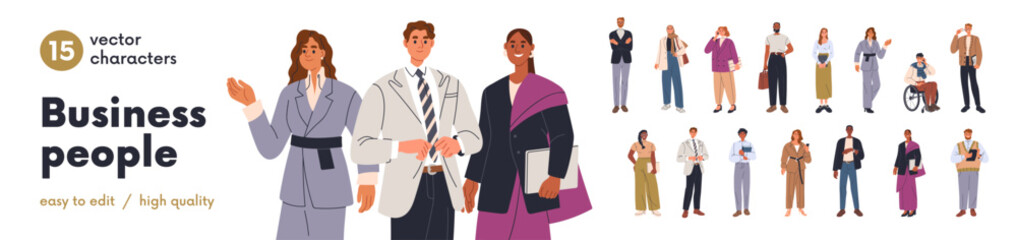 Naklejka na ściany i meble Diverse business people set. Men and women employees, office workers, entrepreneurs. Businessmen, businesswomen standing portraits. Flat graphic vector illustrations isolated on white background.